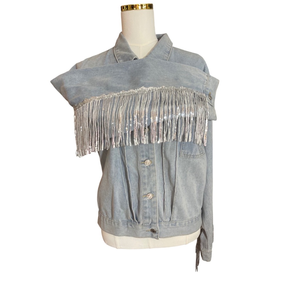 Sequin Fringe Denim Jacket Western Festival Light Wash Cropped Medium